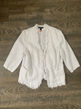 INC International Concepts White Linen Ruffle-Trim Open Zippered Jacket